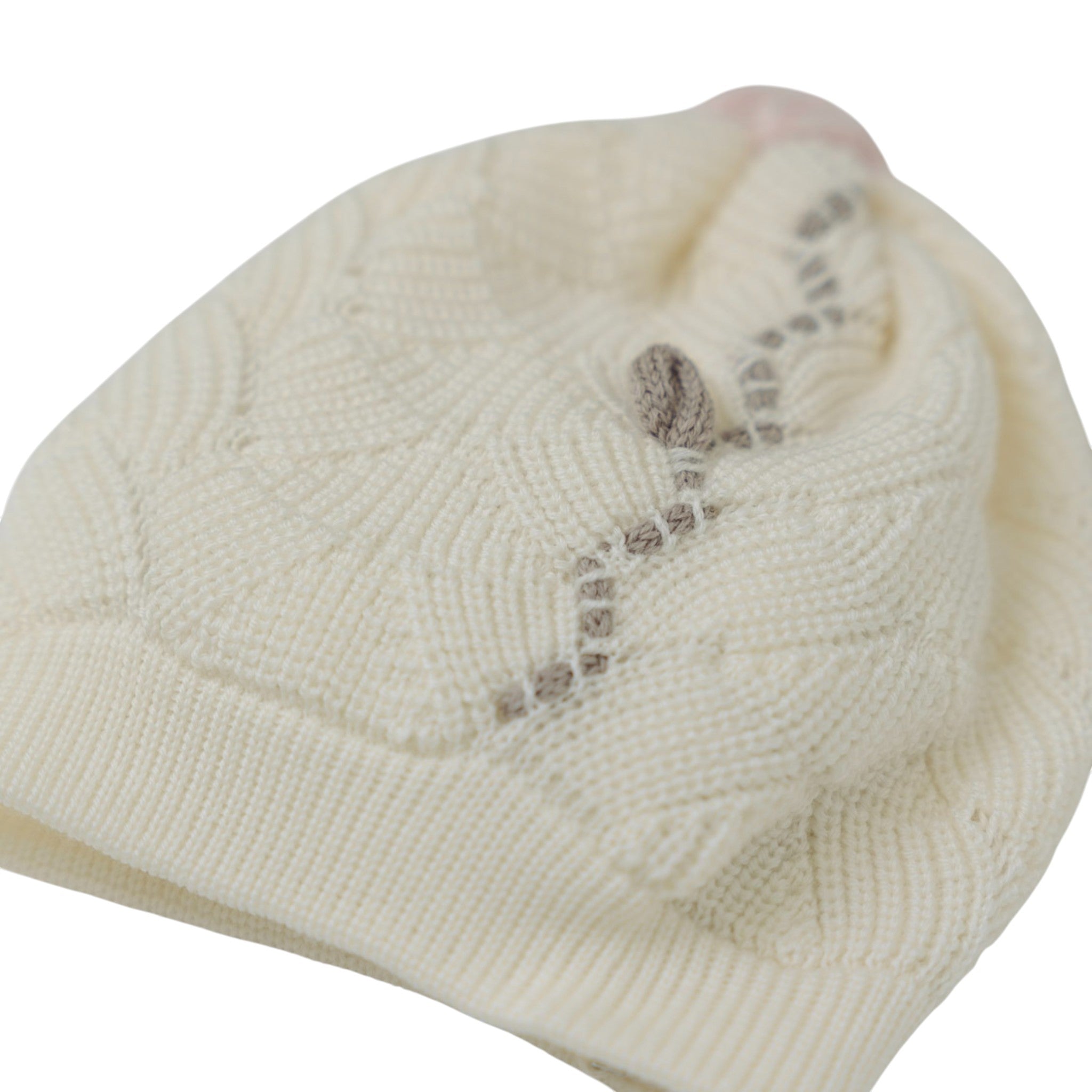 Cuffia Neonata Lana Vergine 100% Vaniglia Traforata Fiore Rosa IN2571