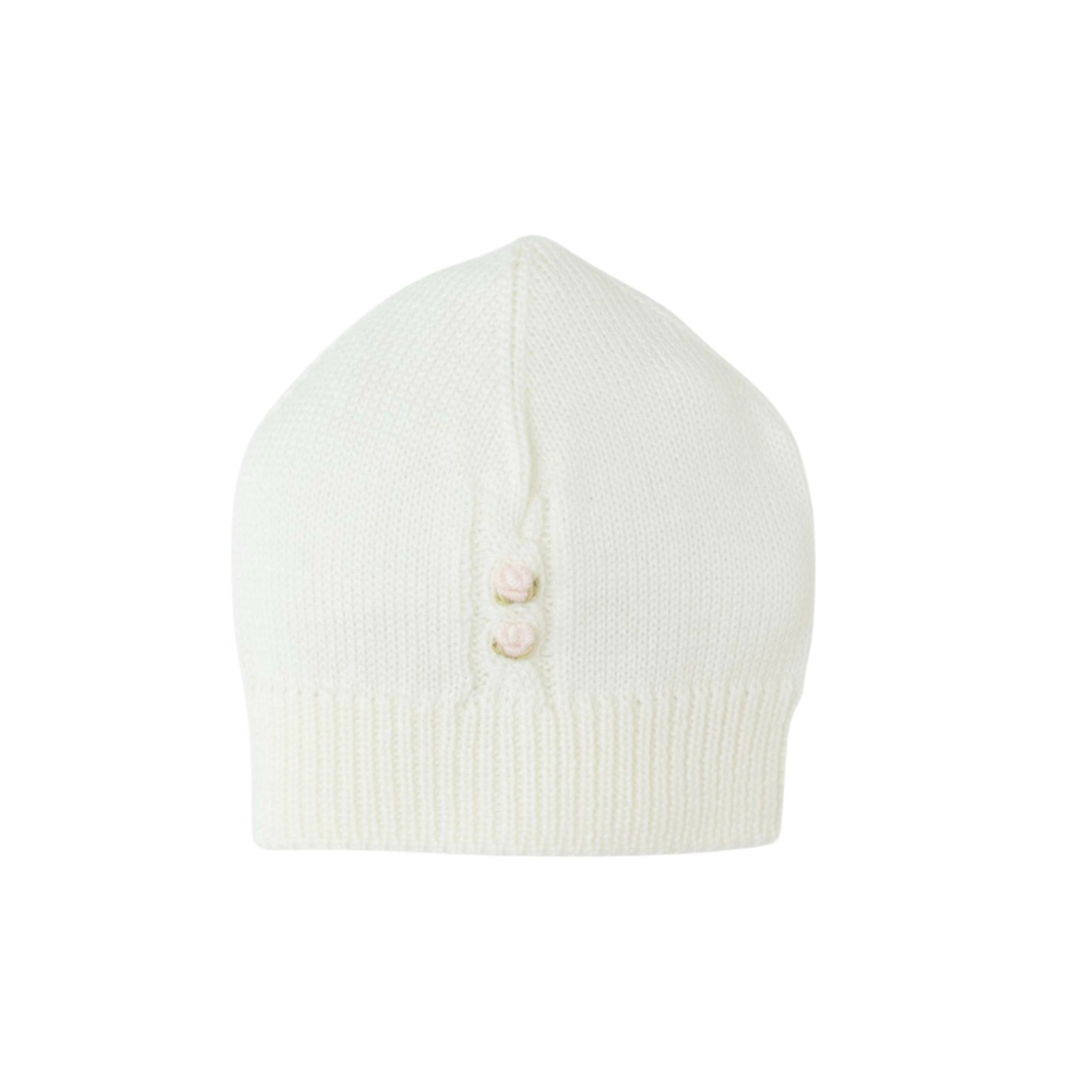 Cuffia neonata pura lana ricamo treccia OLLY Piccola Giuggiola panna rosa artigianale Made in Italy