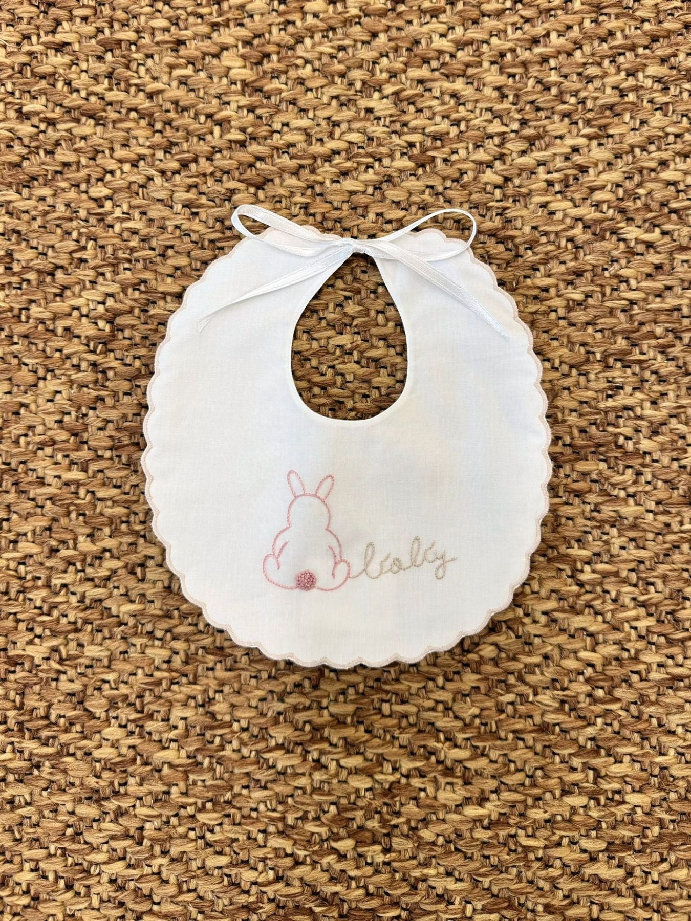 Hand-embroidered baby bib, Pink Bunny, BAV 10 BIS/R