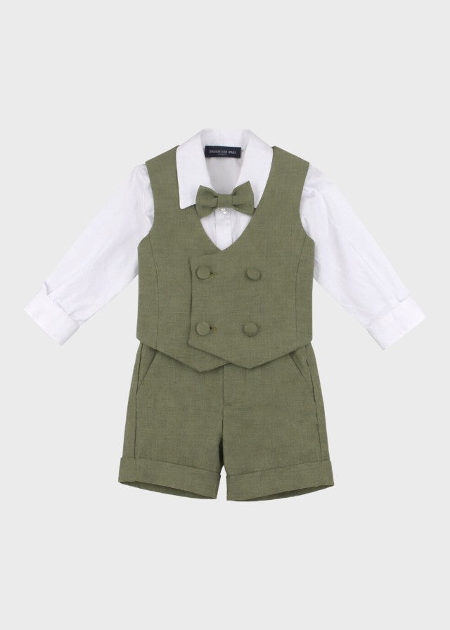 Completo cerimonia 4 pezzi bimbo gilet bermuda camicia body papillon verde misto lino battesimo Made Italy EMANUEL PRIS