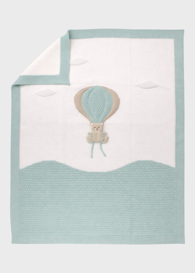 Coperta neonato cotone smacchinato vaniglia verde salvia ricamo mongolfiera orsetto teddy 70x90cm Made Italy MARLĂ™ EK50