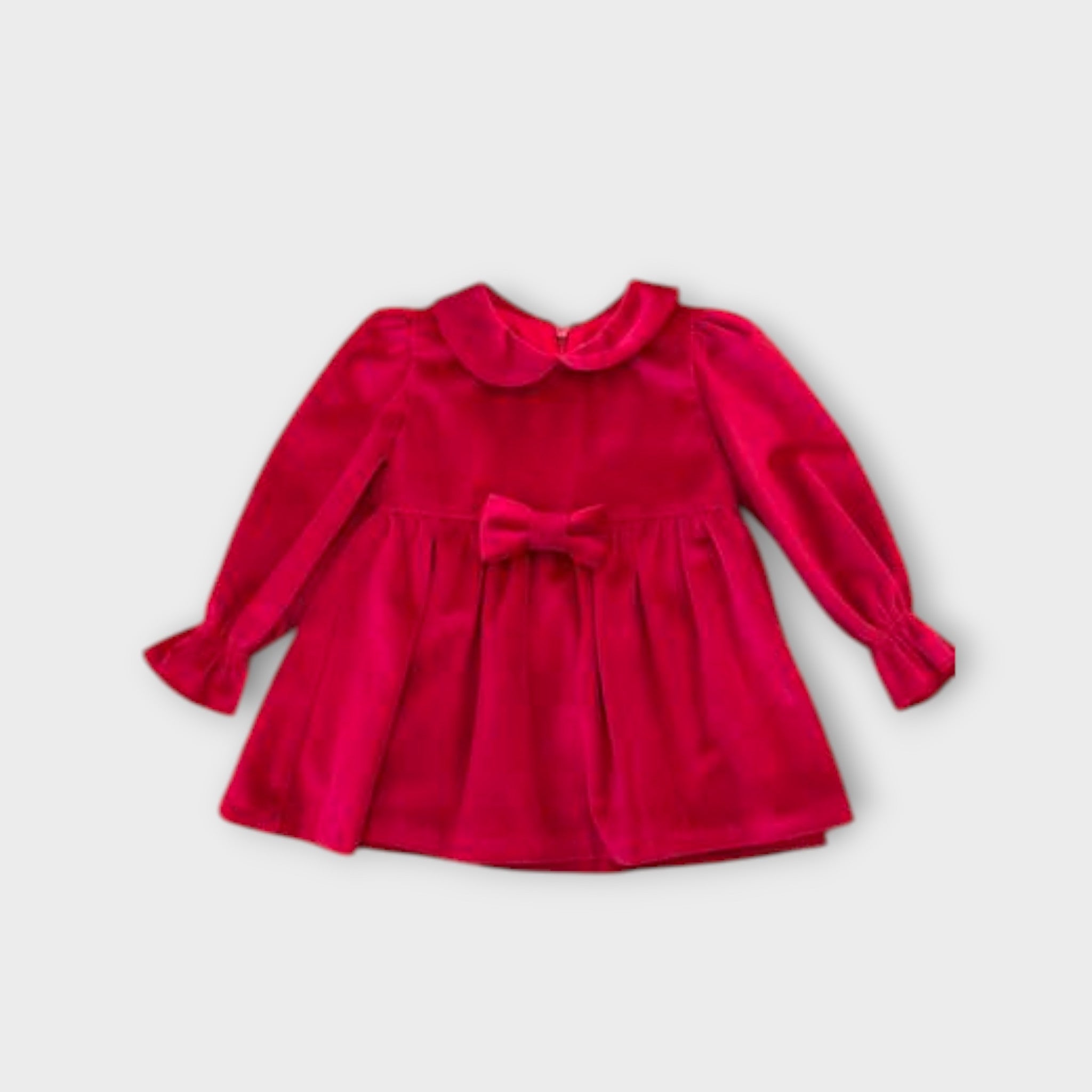 Little Girl's Red Velvet Dress with Bow - AMBARABA'
