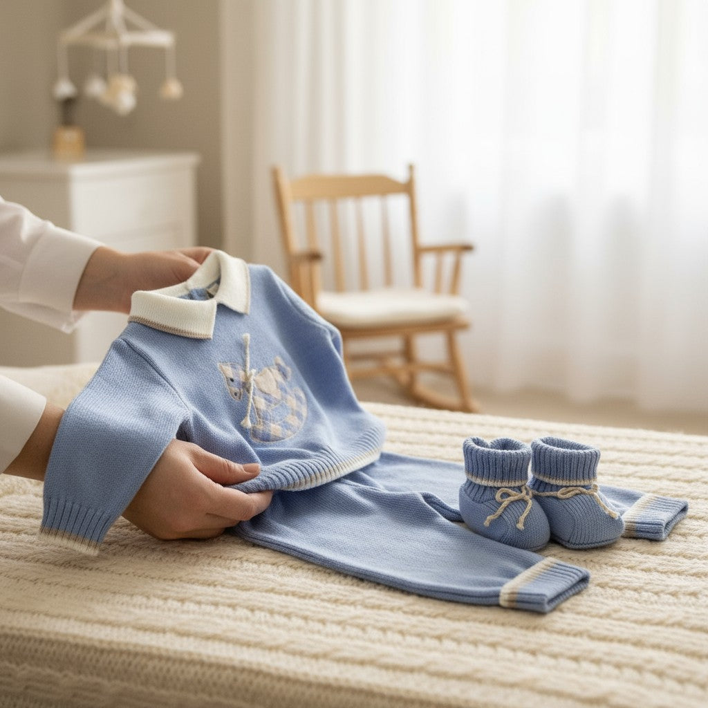 Baby Boy's Birth Outfit, Wool Blend, Light Blue, Little Horse 7821