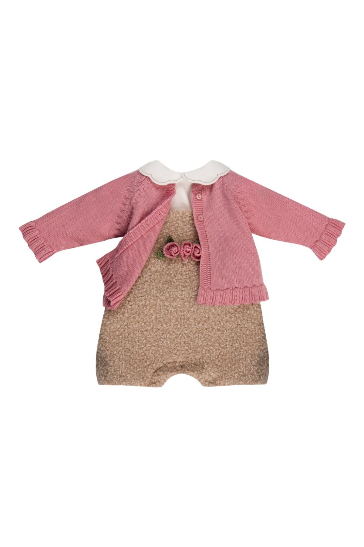 Outfit with cardigan, appliqued roses, girl, blush pink, IG1031