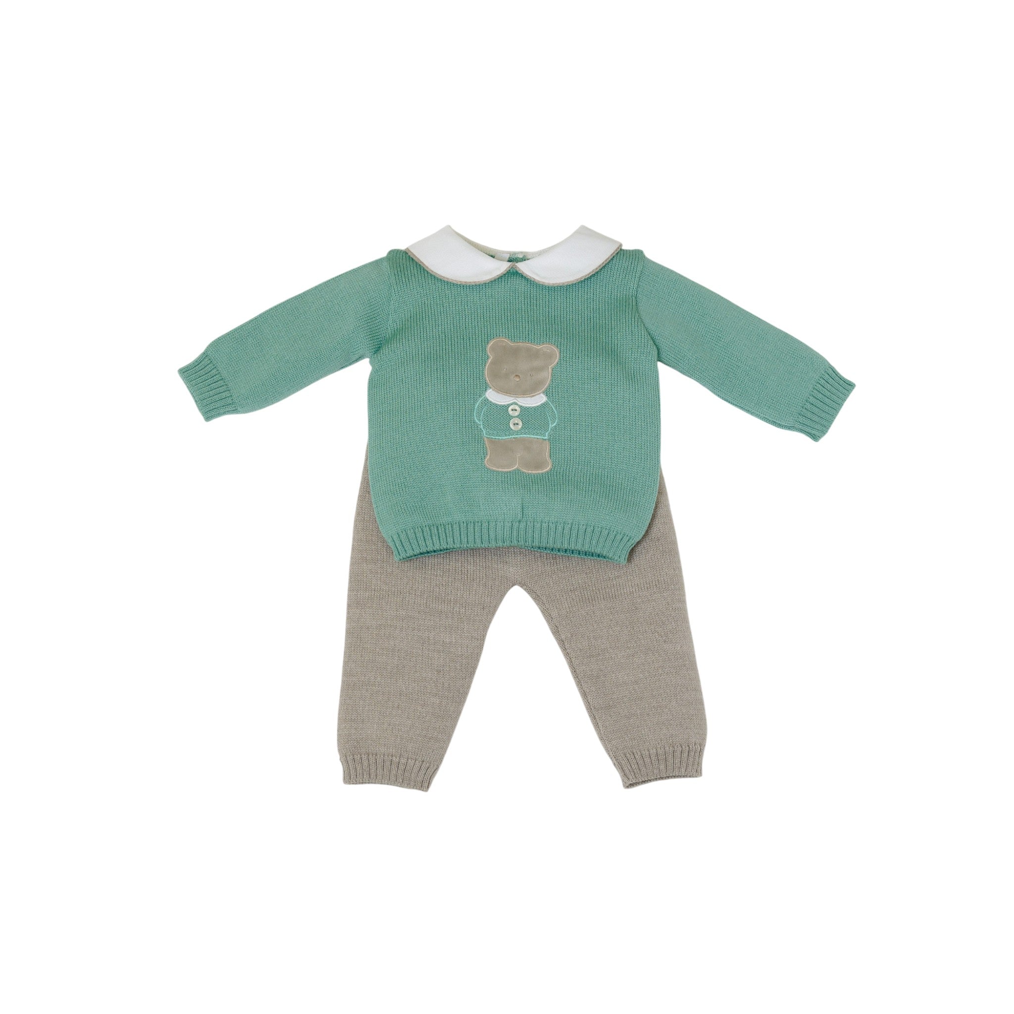 Baby Boy Newborn Outfit, Pure Green Wool, Teddy Bear Design, BABY LORD TEDDY BEAR/521-V