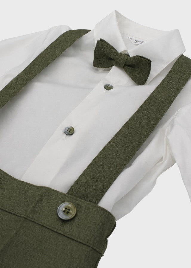 Coordinated White Jacket with Green Bermuda Shorts and Checkered Skirt