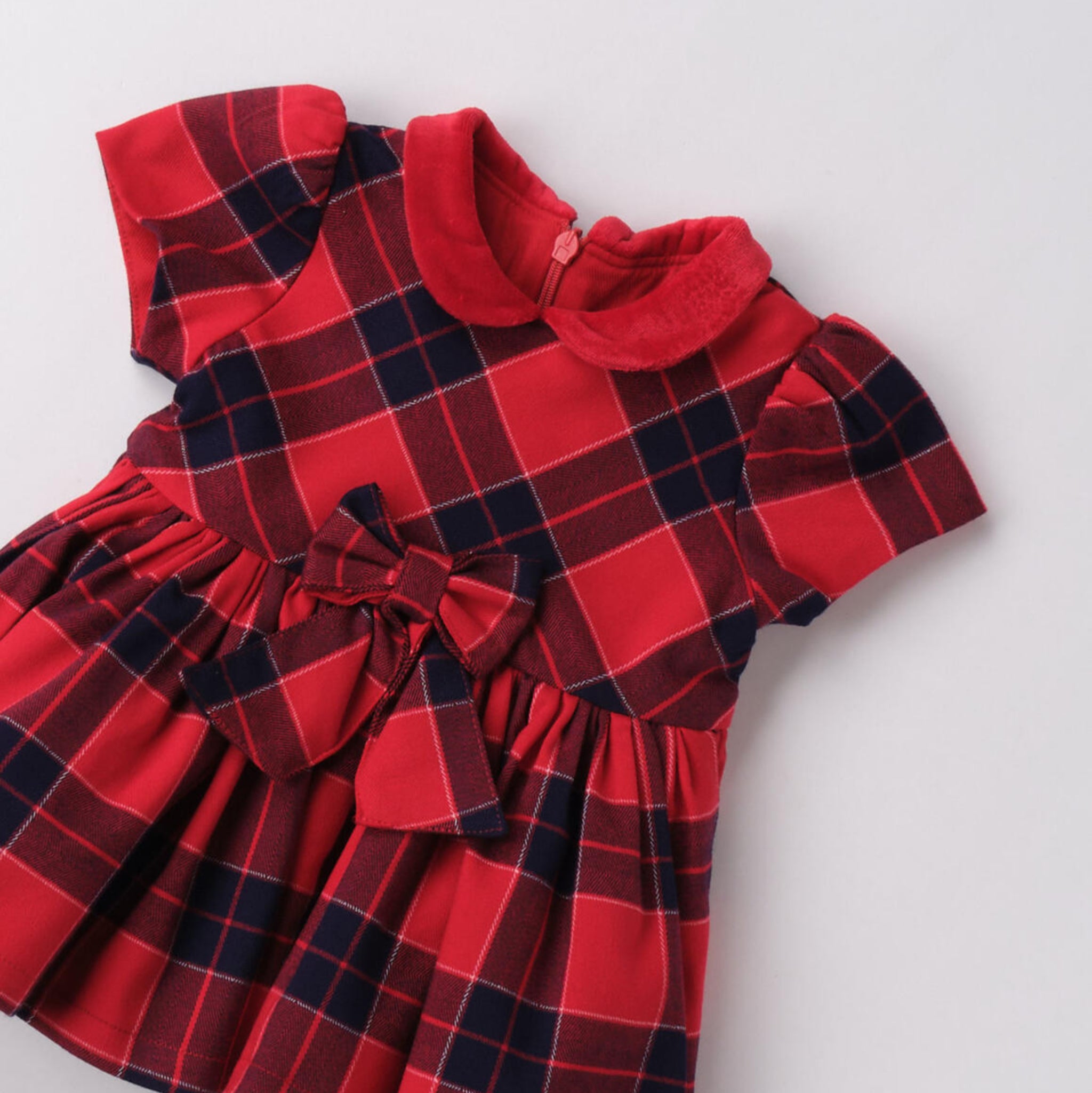 Girls' Red Check Fabric Dress with Sleeves 3F725/2253