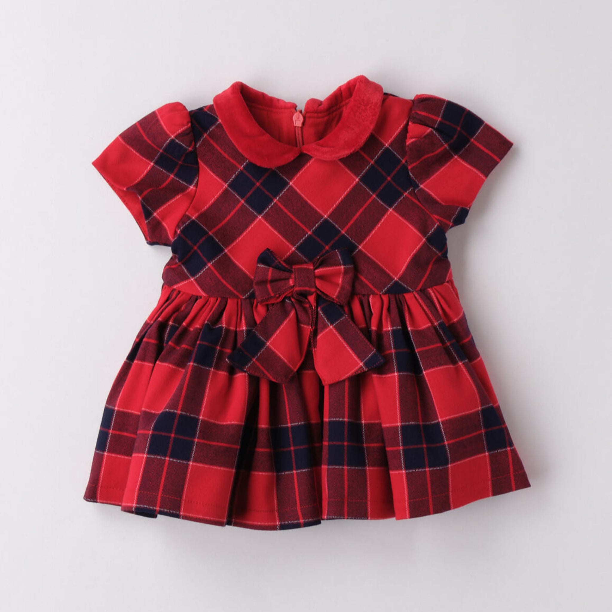 Girls' Red Check Fabric Dress with Sleeves 3F725/2253
