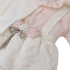 Completo 3 Pezzi Bimba Lana Vergine 100% Vaniglia Salopette Fiori IN2560 corredino e abbigliamento neonato | NANU' BABY