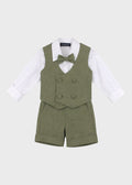 Completo cerimonia 4 pezzi bimbo gilet bermuda camicia body papillon verde misto lino battesimo Made Italy EMANUEL PRIS