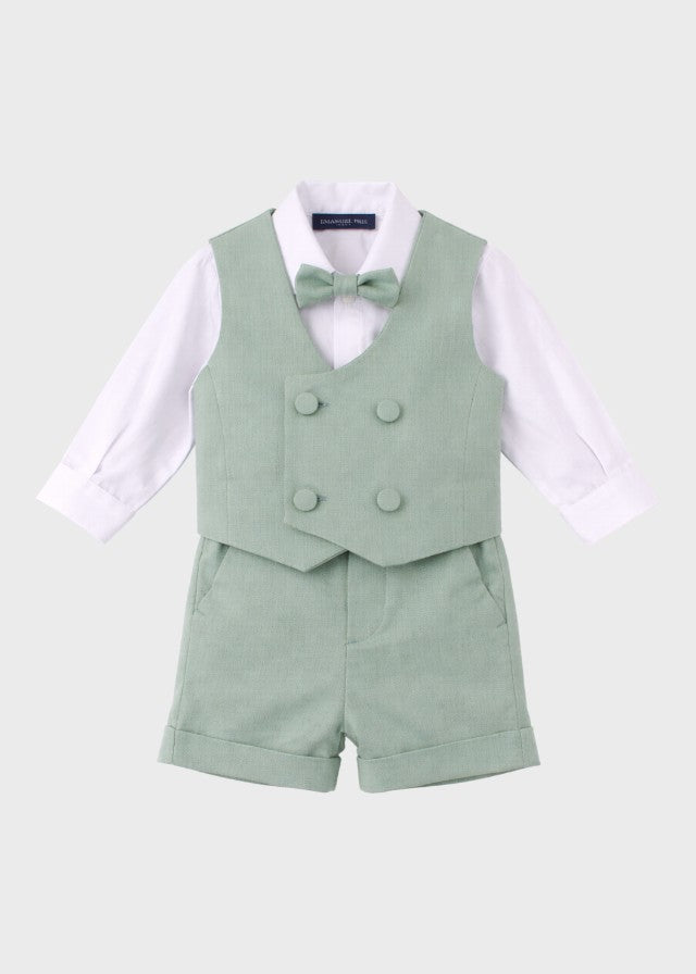 Completo cerimonia 4 pezzi bimbo gilet bermuda camicia body papillon verde salvia misto lino goffrato battesimo Made Italy EMANUEL PRIS