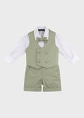 Completo cerimonia 4 pezzi bimbo gilet bermuda camicia body papillon verde salvia cotone satin battesimo Made Italy EMANUEL PRIS