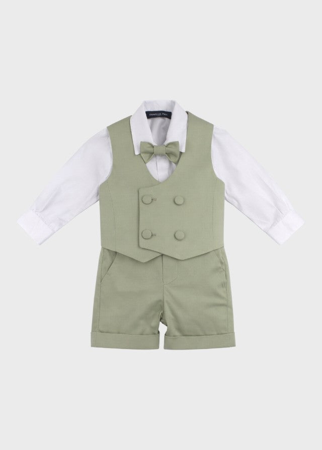 Completo cerimonia 4 pezzi bimbo gilet bermuda camicia body papillon verde salvia cotone satin battesimo Made Italy EMANUEL PRIS