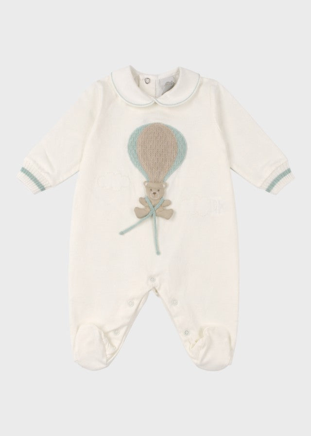 Tutina neonato cotone vaniglia verde salvia MARLÙ con ricamo mongolfiera orsetto teddy"