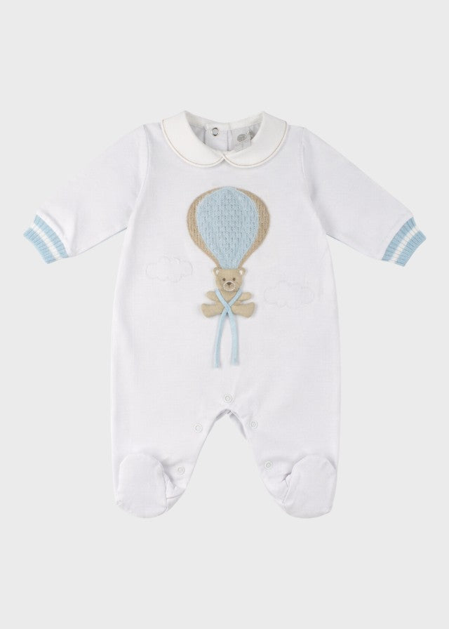 Tutina neonato cotone elasticizzato cielo vaniglia ricamo mongolfiera orsetto teddy cerimonie Made Italy MARLÙ EK50
