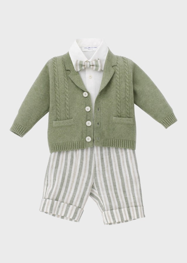 Bermuda Shorts with Stripes and Green Cardigan