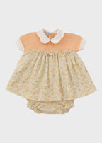 Completo nascita abito corpetto cotone ricamato coulotte avorio miele verde fiorellini Made Italy PICCOLA GIUGGIOLA